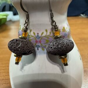 Handmade Lava Stone Bead Drop Earrings - Brown & Amber